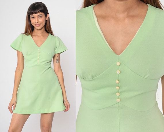 60s 70s Babydoll Dress Lime Green Mod Mini Dress Puff Sleeve Button Up Party Empire Waist Twiggy V Neck Vintage 1970s Small S