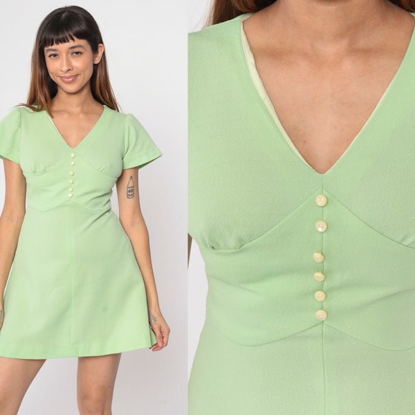 60s 70s Babydoll Dress Lime Green Mod Mini Dress Puff Sleeve Button Up Party Empire Waist Twiggy V Neck Vintage 1970s Small S