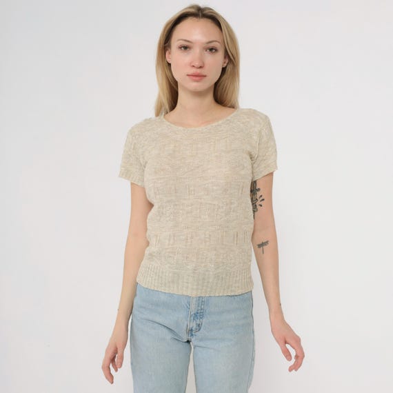 80s Cream Knit Sweater Textured Short Sleeve Crew Neck Fitted Pullover Top Neutral Minimalist Oatmeal Beige Clean Girl Aesthetic Small S