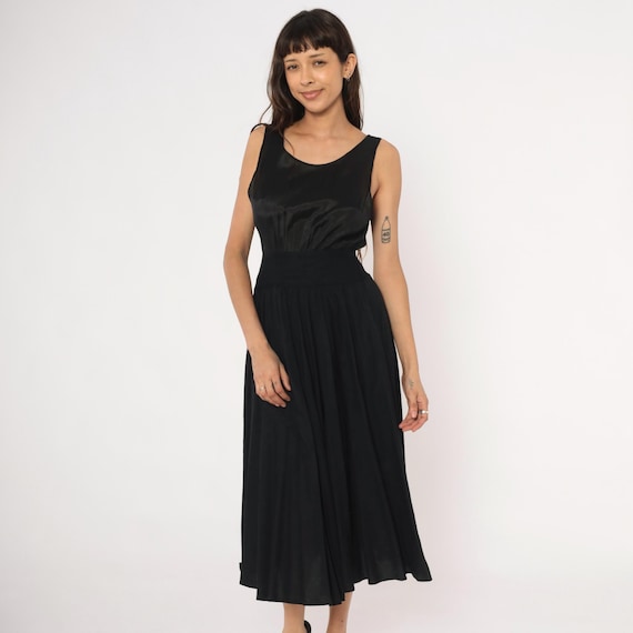 Y2k Black Satin Bodice Midi Dress Sleeveless Scoop Neck Flowy Skirt Fit Flare Cocktail Evening Gown Jet Feminine Vintage Frock Small S