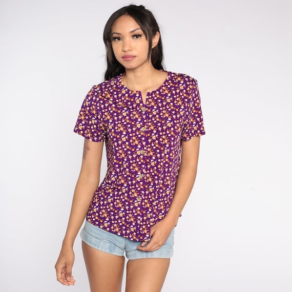 Purple Floral Blouse 90s Button Up Shirt Boho Short Sleeve Top Flower Print Feminine Summer Top Vintage Bohemian Vintage 1990s Medium Large