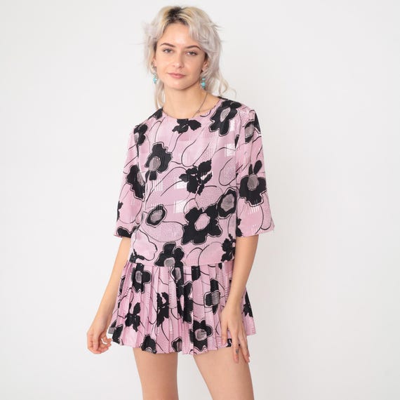 Vintage Pink Floral Dress 80s Micro Mini Dress Puff Sleeve Pleated Drop Waist 1980s Short Puff Sleeve Button Back Embossed Petite Small S