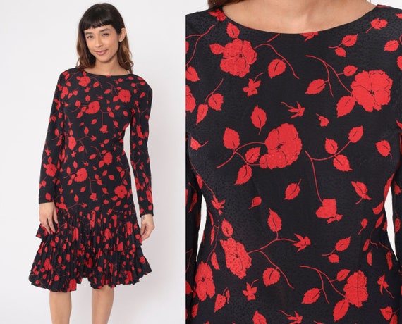 Black Floral Dress 90s Flounce Party Dress Low V Back Drop Waist Ruffled Red Flower Print Long Sleeve Vintage 1990s Liz Claiborne Medium M