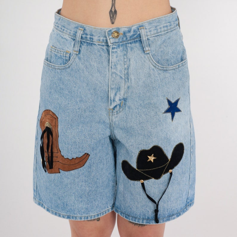 Cowboy Jean Shorts 90s High Waisted Denim Mom Shorts Western Star Hat Boot Patch Studded Concho Rodeo Mid Length Vintage 1990s Medium 30 image 4