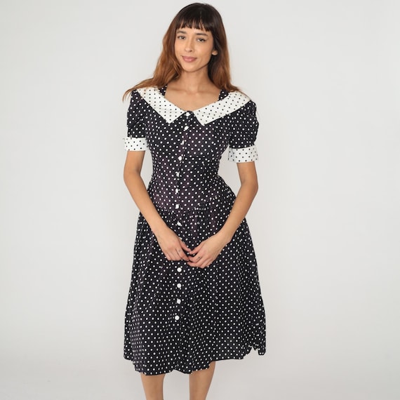Polka Dot Dress 90s Black White Peter Pan Collar Short Puff Sleeve Fitted Vintage Pin Up Rockabilly All That Jazz 1950s Style Medium M