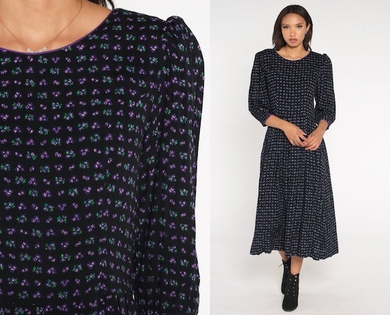 Calico Floral Dress 80s Lanz Originals Day Dress Black Purple Flower Print Puff Sleeve Ankle Length Maxi Prairie Boho Vintage 1980s Small