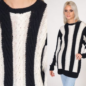 Black And White Striped Sweater 80s Cable Knit Pullover Knit Color Block Cableknit Vertical Stripes Jumper Boho Vintage 1980s Medium Large