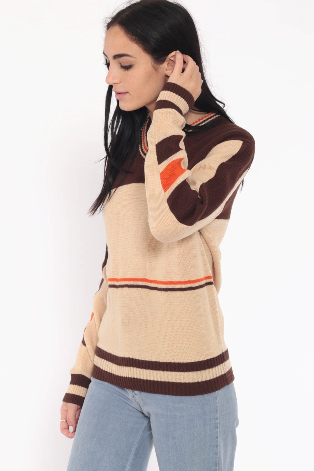V Neck Sweater Tan STRIPED Sweater 70s Knit Pullover Color Block Brown Retro Sweater 80s Boho 