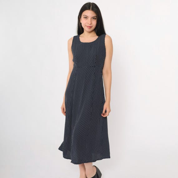 Vintage Polka Dot Dress 90s Navy Blue Button Back Midi Dress Retro Sleeveless Day Dress High Waisted Preppy Casual 1990s Small 4 Petite