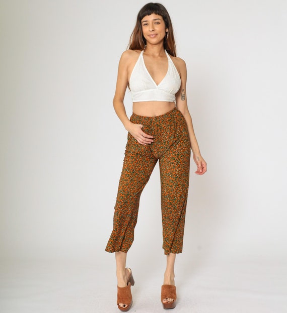 Y2K Wide Leg Pants Orange Baroque Swirl Print Cropped High Waisted Retro Boho Vintage 2000s Statement Trousers Extra Small xs
