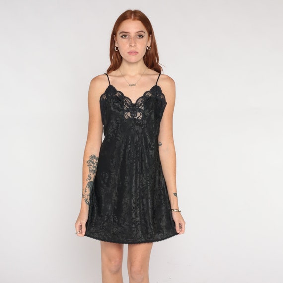 Black Slip Dress 00s Floral Embossed Lingerie Dress Mini Nightgown Cutout Lace Trim Lounge Chemise Spaghetti Strap Vintage Y2K Small xs
