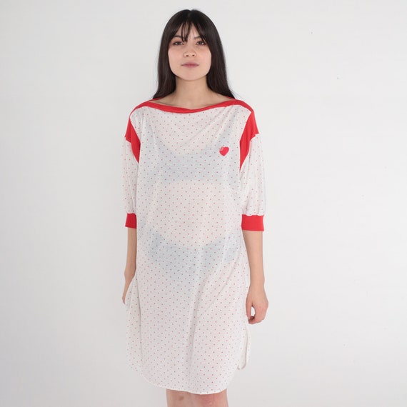 Heart Print Pajama Dress 80s Semi-Sheer White Red… - image 3