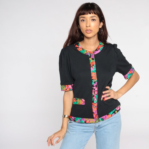 Black Floral Shirt Puff Sleeve Blouse Button Up Shirt 80s Boho Top Vintage Short Sleeve Bohemian Retro Medium 8