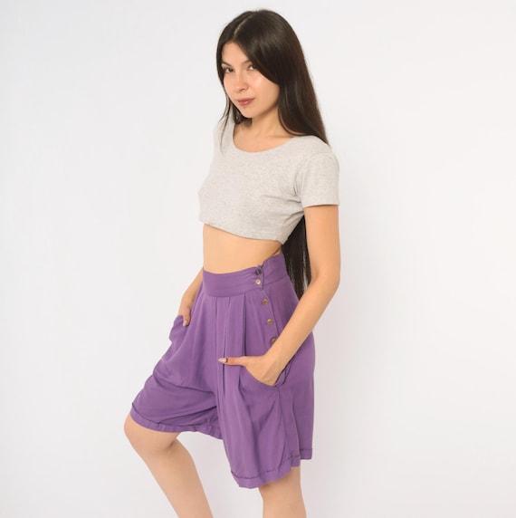 80s Purple Shorts High Waist Pleated Bermuda Cuffed Hem Wide Leg Trouser Violet Plum Summer Casual Beach Lounge Vacation Womens Small S