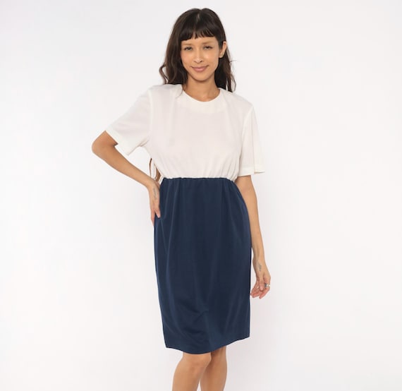 80s Color Block Dress Navy White Two Tone Short Sleeve Keyhole Back Button Minimal Colorblock Vintage Secretary Modest Medium To Large ML
