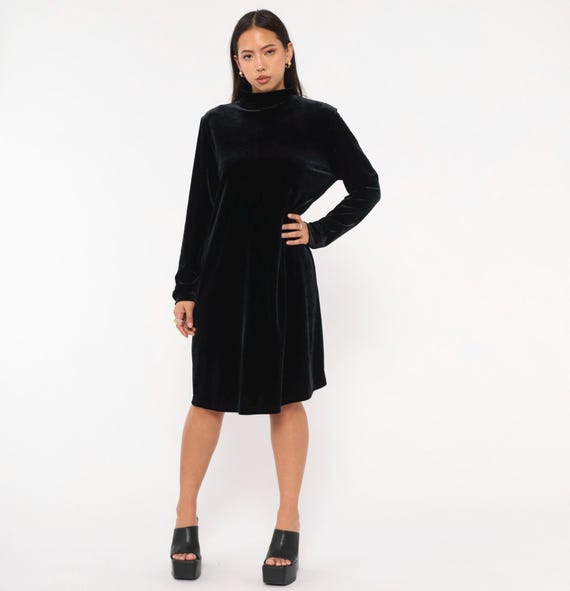 90s Velvet Swing Dress Black Mock Neck Long Sleeve Pullover Side Pockets Jacqueline Ferrar Turtleneck Cocktail Gothic Party Winter Large L