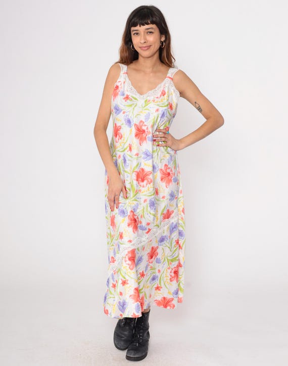 90s Slip Dress White Floral Coral Purple Lace Trim Sleeveless Maxi Vintage Romantic Feminine Summer Grunge Alternative Soft Grunge Large L