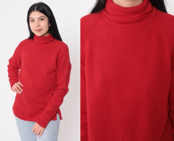 Red Turtleneck Sweater 90s Angora Wool Blend Knit Pullover Sweater Raglan Sleeve Basic Funnel Turtle Neck Simple Plain Vintage 1990s Large L