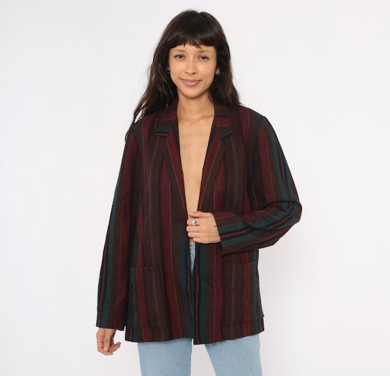80s Southwestern Striped Wool Blazer Burgundy Teal Open Front Jacket Wine Brown Herringbone Weave Koret Academic Vintage Medium Large M L