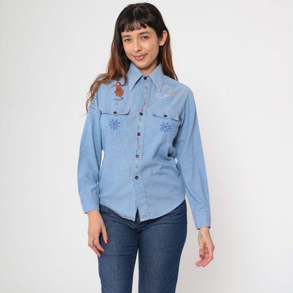70s Embroidered Chambray Shirt Mouse Cheese Saguaro Cactus Western Shirt Hippie Blue Southwest Teepee Dog Boho Long Sleeve Vintage Small S