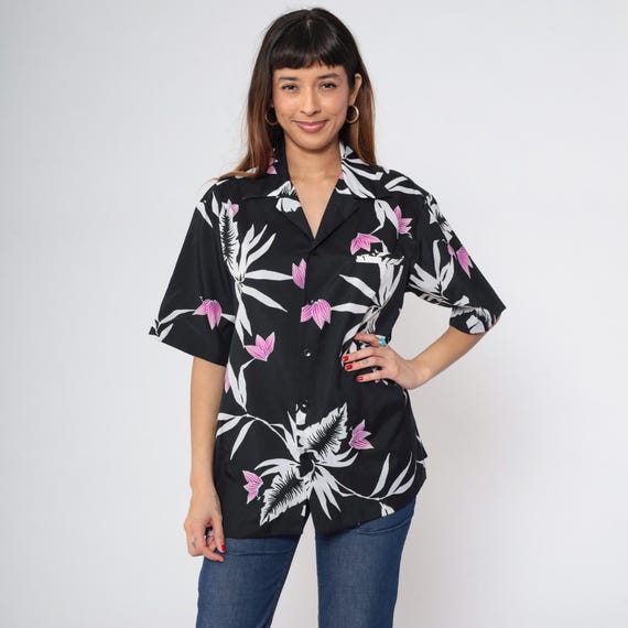 Vintage Hilo Hattie's Hawaiian Shirt 70s Black Tropical Floral Button Up Shirt Surfer Top 1970s Short Sleeve Men's Large L