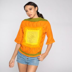 70s Boho Sweater BELL Sleeve Hippie Boho Orange Yellow WOOL Knit 1970s Vintage Bohemian Hippie Festival Color Block Pointelle Bright Medium