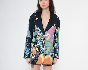 Vintage Painted Animal Print Blazer 90s Safari Jungle Jacket Lion Zebra Elephant Floral Graphic 1990s Kolorway Button Up Art Cotton Medium M