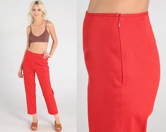 Slim Red Pants 90s Ankle Trousers Mid Rise Waist Trousers Cropped Tapered Straight Leg 1990s Vintage Summer Extra Small xs