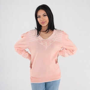 Pink Sweater 80s Knit Pullover V Neck Sweater White Striped Soutache Trim Retro Pastel Jumper Spring Knitwear Vintage 1980s Cotton Medium M