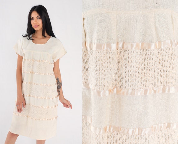 Cream Woven Dress 90s Cotton Midi Dress Mexican K… - image 1