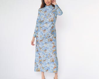 Vintage 70s Blue Floral Maxi Dress High Mock Neck Long Sleeve Straight Cut Cottagecore Boho Retro Column Dress Romantic Retro Small S