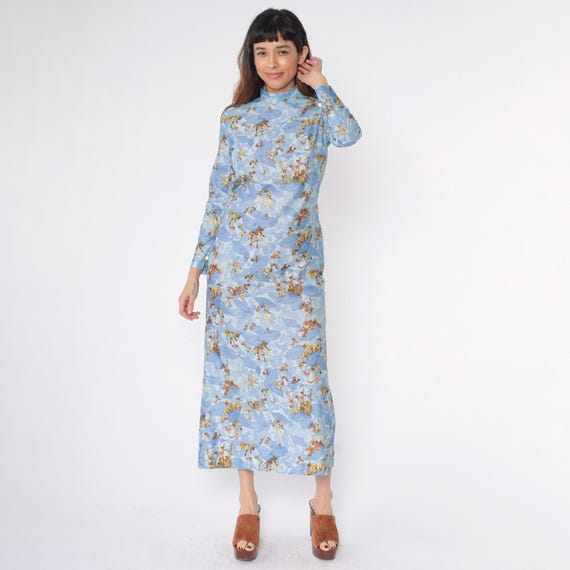 Vintage 70s Blue Floral Maxi Dress High Mock Neck Long Sleeve Straight Cut Cottagecore Boho Retro Column Dress Romantic Retro Small S