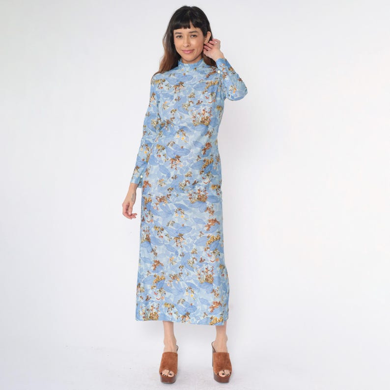Vintage 70s Blue Floral Maxi Dress High Mock Neck Long Sleeve Straight ...