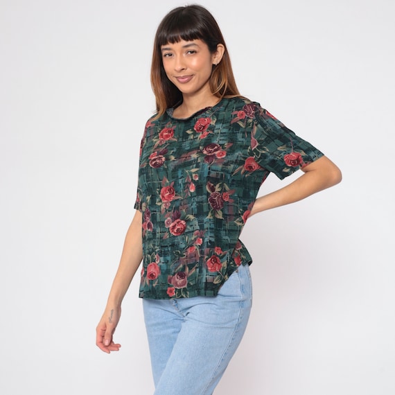 Checkered Floral Shirt 90s Grunge Top Plaid Flower Rose Print Boho Blouse Short Sleeve Loose Flowy Summer Vintage 1990s Jaclyn smith Large L
