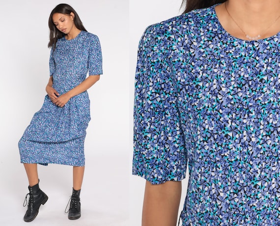 80s Floral Dress Blue Midi Dress Boho Short PUFF SLEEVE Dress Pleated Rayon Vintage 1980s High Waisted Bohemian Grunge Busy Pattern Medium