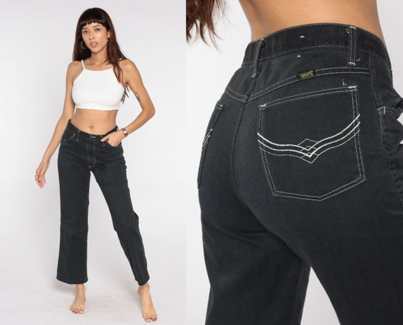 80s Jeans -- Black Denim High Waisted 70s Straight Leg Hippie Boho 1980s Denim Pants Vintage Maverick Cotton Medium 31