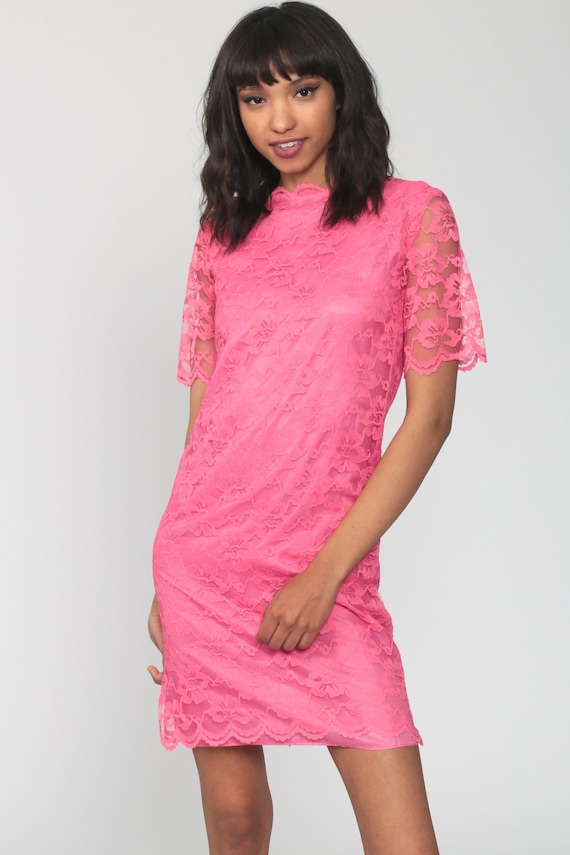 Pink LACE Dress 60s Mod Mini Party Dress 1960s Cocktail Dress Shift Dress Vintage Boho Short Sleeve Formal Bohemian Dress Extra Small xs