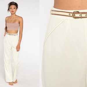 70s Straight Leg Pants White Belted Trousers 1970s Boho Hippie Wide Leg Trousers High Rise Waist Vintage Seventies Medium