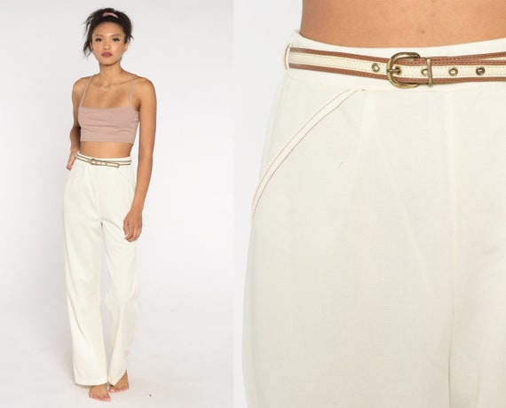 70s Straight Leg Pants White Belted Trousers 1970s Boho Hippie Wide Leg Trousers High Rise Waist Vintage Seventies Medium