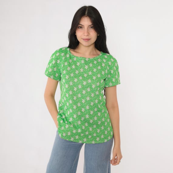 Vintage Mod Floral Blouse 70s Lime Green Abstract Print Top 1970s Flower Print Blouse Boho Short Sleeve Hippie Shirt Bohemian Retro Medium M