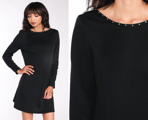 Black Mini Dress 60s 70s Mod Dress Rhinestone Low Back Dress Shift 60s LBD Vintage Long Sleeve Party Plain Simple 1970s Minidress Medium