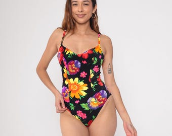 90er Jahre Floral Badeanzug Schwarz Badeanzug Tropical Badeanzug Retro Low Open Back Heller Blumendruck Vintage 1990er Jahre Small Medium
