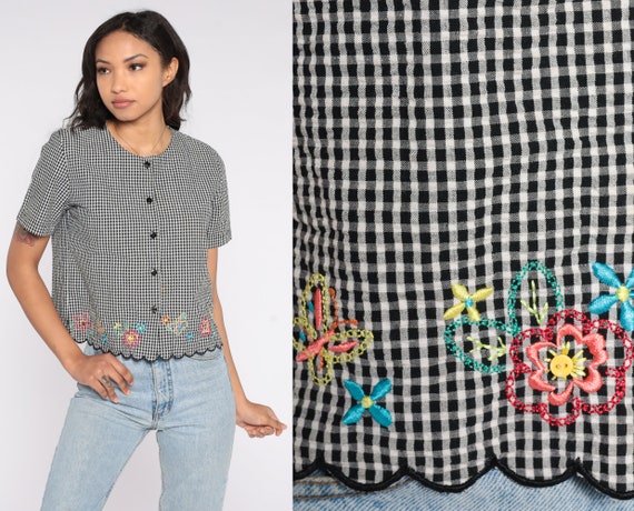 Gingham Blouse 90s Button Up Plaid Shirt Floral Embroidered Blouse Scalloped Hem Short Sleeve Checkered Girly Top Vintage Boho Preppy Small