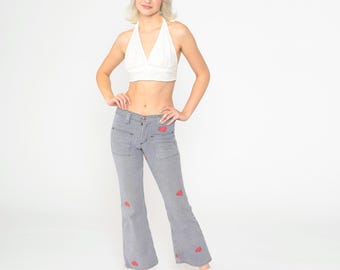 Calça Jeans Vintage dos anos 70 com Boca de Sino, Listrada, Ferrovia, Patch de Coração, Jeans Wrangler, Calça Flared, Boho, Cintura Média, Azul dos anos 70, 2xs