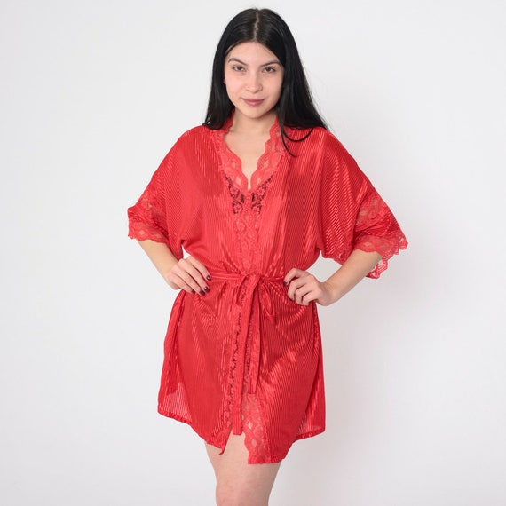 Red Lace Robe 90s Lingerie Bed Jacket Shiny Striped Tie Front Lounge Mini Short Pajama Robe Vintage Fredericks of Hollywood 1990s Medium M