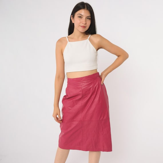Pink Leather Skirt 90s Genuine High Waist Pencil Midi Dressing Corporate Chic Vintage Designer Professional Business Woman Office Large L 14