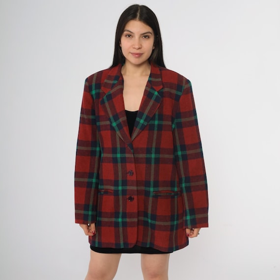 Plaid Wool Blazer 80s Red Green Button Front Lined Jacket Boxy Fit Nerd Core Preppy Winter Outerwear Large L