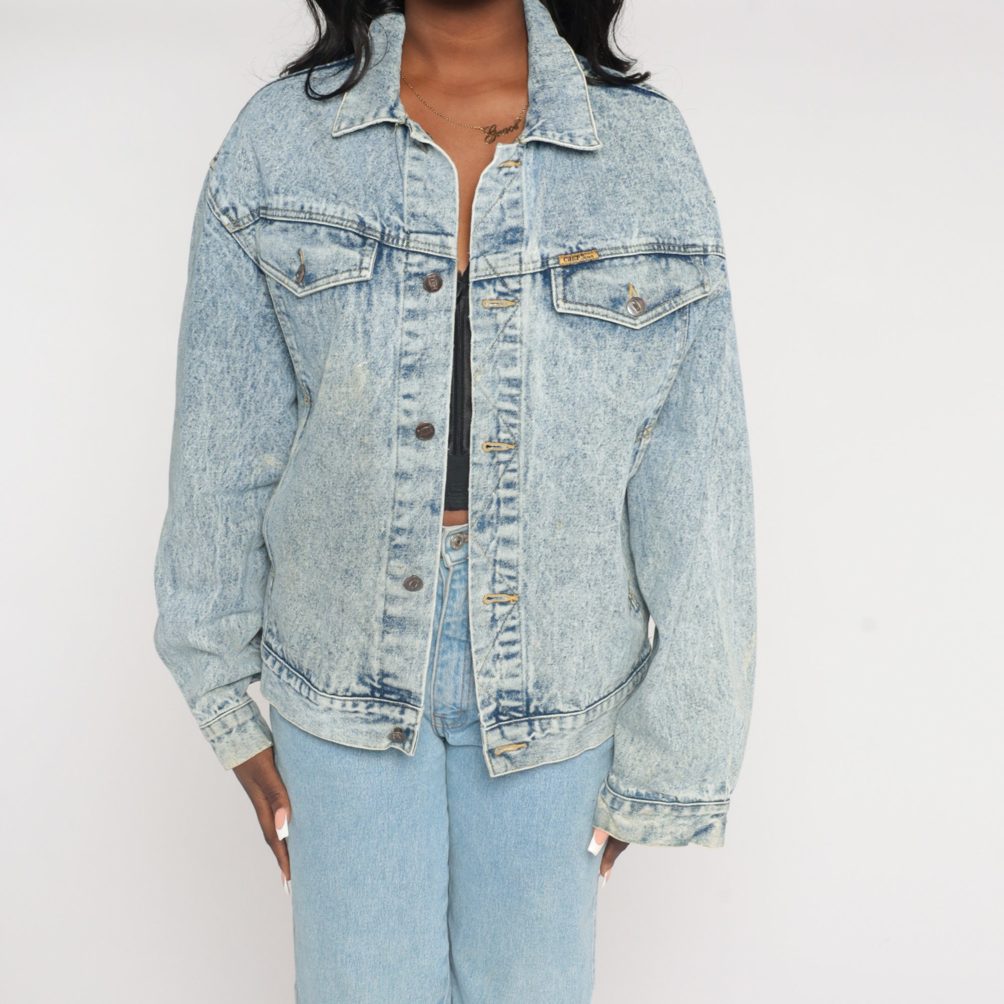 Acid Wash Jean Jacket 90s Denim Jacket Retro Boho Grunge Biker Button ...