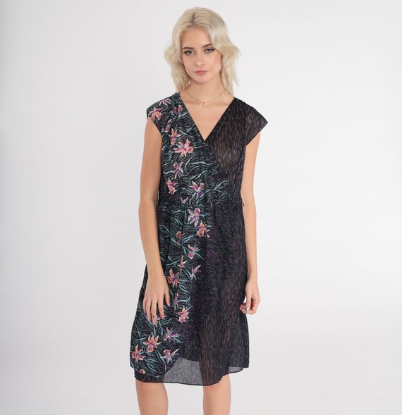 Iris Print Dress 70s Floral Midi Dress Faux Wrap Semi-Sheer Black Striped Cap Sleeve V Neck Garden Party Summer Sun Vintage 1970s Medium M