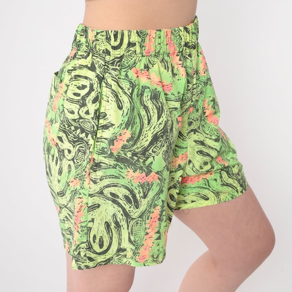 80s Neon Shorts Abstract Alien Print Shorts Baggy High Waisted Retro Geometric Beach Shorts Lime Green Yellow Vintage Athletic Medium